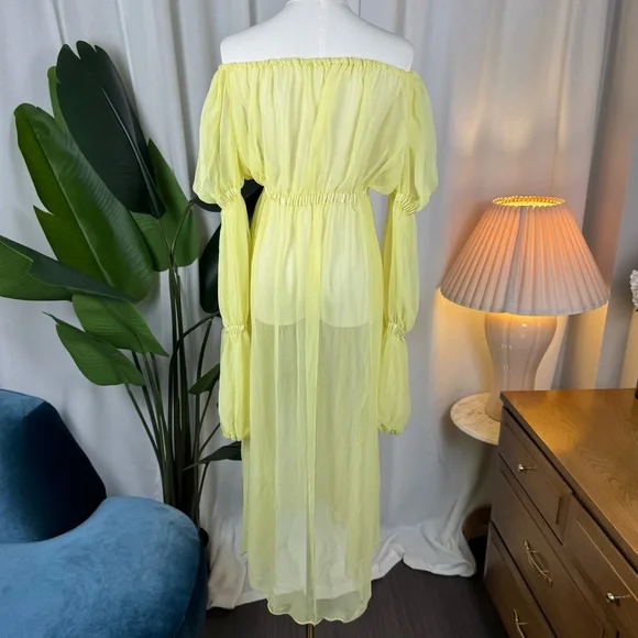 Vintage 1960s Sheer Lemon Nylon Peignoir Gown w/ Lilac Ribbon Rosette sz M/L - Picture 2 of 10